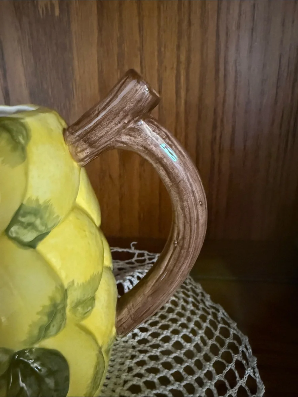 Hand-Painted Yellow Ceramic Lemon Pitcher with Leaf Accents